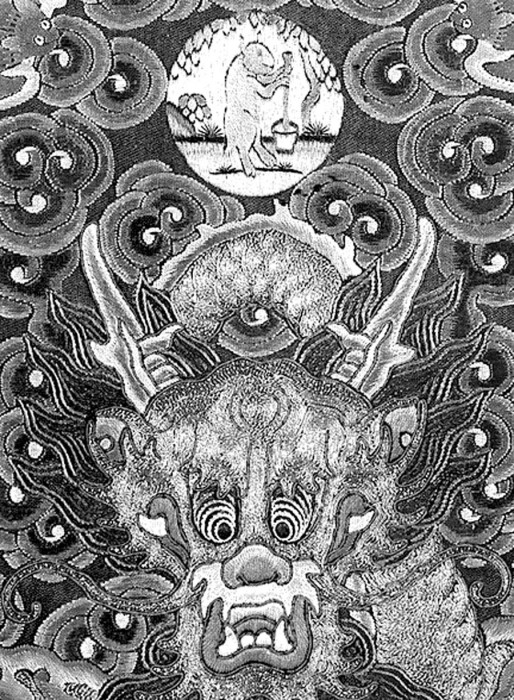 Hermafrodītais trusis uz Mēness darina nemirstības eliksīru (fragments no Ķīnas imperatora halāta)