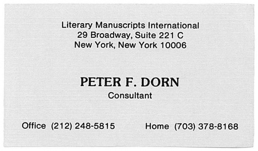 ...metamorfizējas Pīterā Dornā (Literary Manuscripts International, kā arī adrese un telefoni ir pilnīga fikcija)...