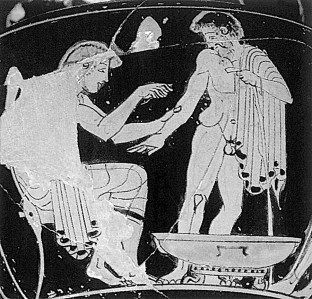 Asins nolaišana. Gleznojums sarkanfigūru tehnikā uz vāzes. Atika, ap 480. gadu p.m.ē. Luvras muzejs, Parīze
