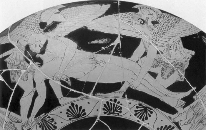 Hipnoss (Miegs) un Tanatoss (Nāve) aiznes mirušā kareivja ķermeni no kaujas lauka, ap 500.-490. g. p.m.ē. (No Merelinas Karabateas grāmatas "Greek Mythology")
