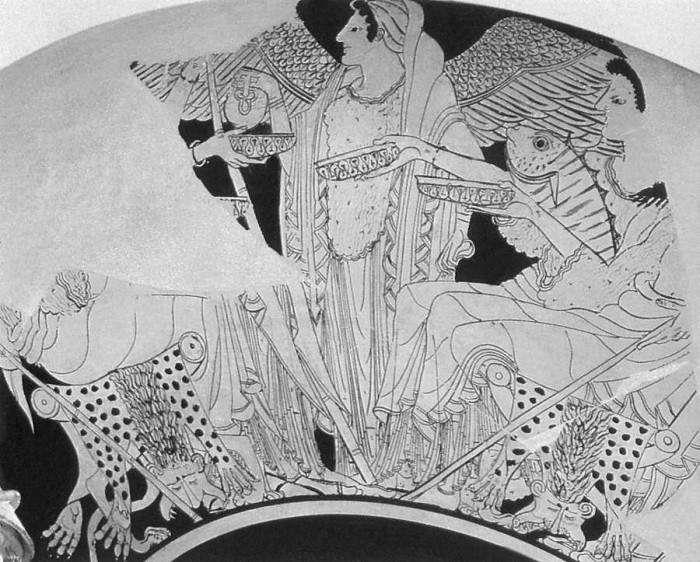 Spārnotā dievu vēstnese Īrisa. Gleznojums uz kausa, ap 500. g. p.m.ē. (No Merelinas Karabateas grāmatas Greek Mythology)