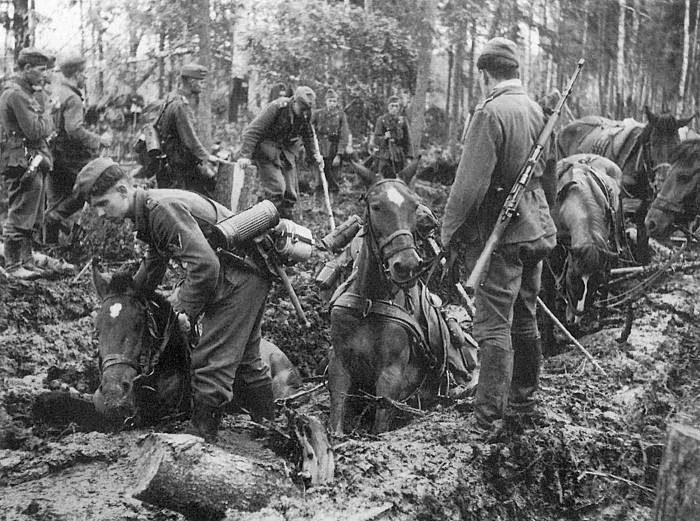 “Tādi bija Volhovas dubļi! Nabaga zirgus nācās vilkt ārā ar vilkšanu.” (Foto - Georgs Jozefs Gundlahs)