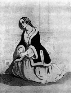 Emīlija fon Greča (dzim. Timma), piedaloties “dzīvajās bildēs” labdarības pasākumā poļu emigrantu atbalstam, kur uzstājās arī Šopēns. Georga Vilhelma Timma akvarelis (Attēls no Jūliusa Gensa rediģētā V. Timma vēstuļu krājuma)