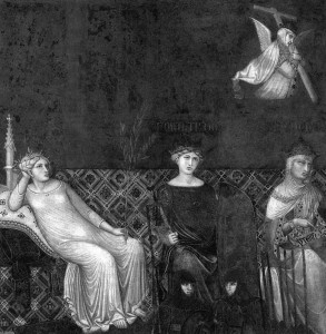 Miera, Gara spēka un Apdomības figūras no Ambrodžo Lorenceti Alegorijas par Labo valdību (1338–1339) Sjēnas Palazzo Pubblico.