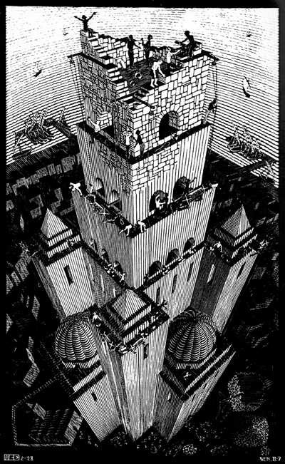 Moriss Kornēlijs Ešērs. Bābeles tornis. Ksilogrāfija, 1928. (Foto: M.C.Escher Foundation)
